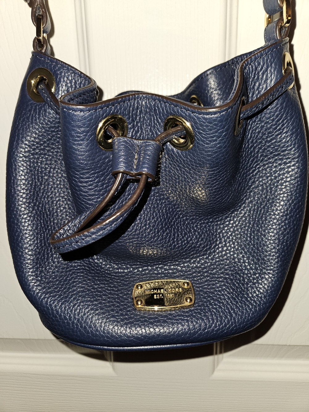 Michael Kors Navy Pebbled Leather Drawstring Shoulder Bag